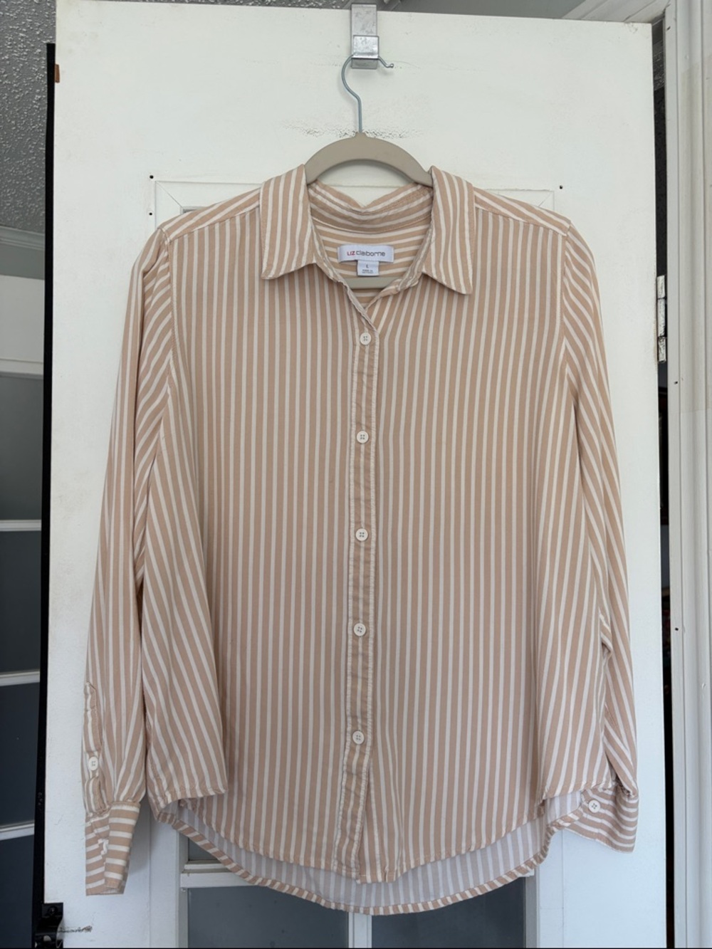 Liz Claiborne Beige and White Striped Button-Down Shirt
